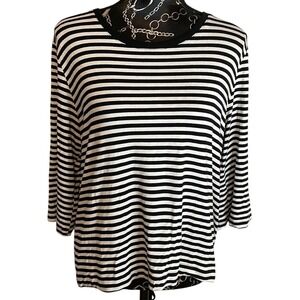 Black Tape Striped Tie Back Top Black White 3/4 Sleeve Large Mixed Stripe Knit